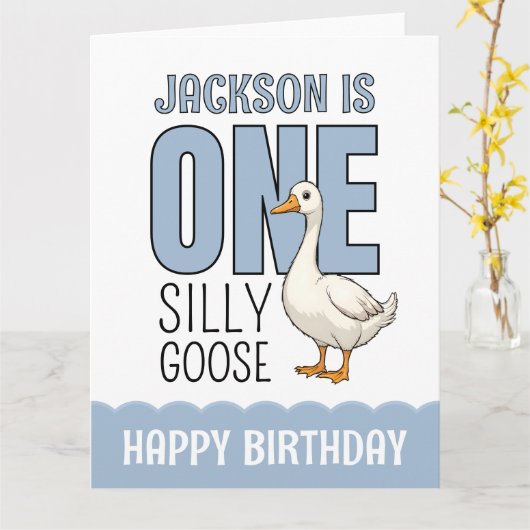 Custom Modern Blue One Silly Goose First Birthday カード (黄色い花)