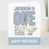 Custom Modern Blue One Silly Goose First Birthday カード (正面)