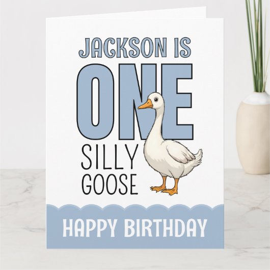 Custom Modern Blue One Silly Goose First Birthday カード (正面)