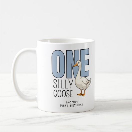 Custom Modern Blue One Silly Goose First Birthday コーヒーマグカップ (左)