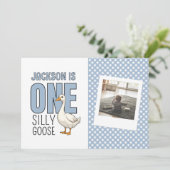 Custom Modern Blue One Silly Goose First Birthday サンキューカード (スタンド正面)