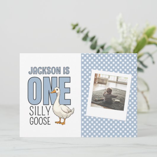 Custom Modern Blue One Silly Goose First Birthday サンキューカード (スタンド正面)