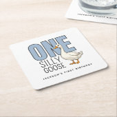 Custom Modern Blue One Silly Goose First Birthday スクエアペーパーコースター (アングル)