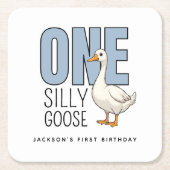 Custom Modern Blue One Silly Goose First Birthday スクエアペーパーコースター (正面)