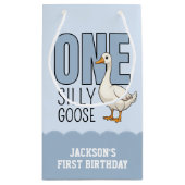 Custom Modern Blue One Silly Goose First Birthday スモールペーパーバッグ (裏面)
