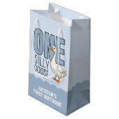 Custom Modern Blue One Silly Goose First Birthday スモールペーパーバッグ (裏面アングル)