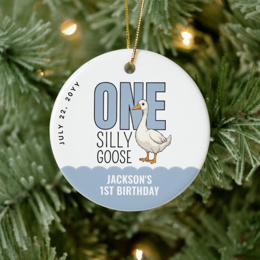 Custom Modern Blue One Silly Goose First Birthday セラミックオーナメント (ツリー)