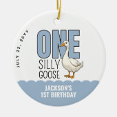 Custom Modern Blue One Silly Goose First Birthday セラミックオーナメント (正面)