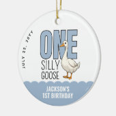 Custom Modern Blue One Silly Goose First Birthday セラミックオーナメント (左)