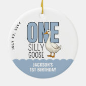Custom Modern Blue One Silly Goose First Birthday セラミックオーナメント (裏面)