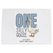 Custom Modern Blue One Silly Goose First Birthday ラージペーパーバッグ (正面)
