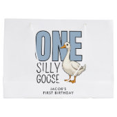 Custom Modern Blue One Silly Goose First Birthday ラージペーパーバッグ (裏面)