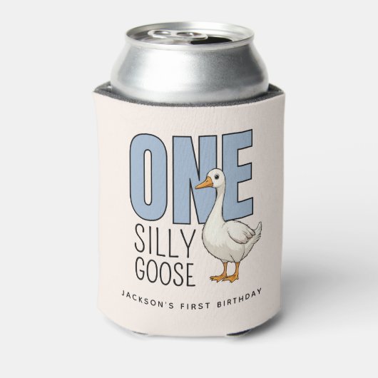 Custom Modern Blue One Silly Goose First Birthday 缶クーラー (缶裏面)