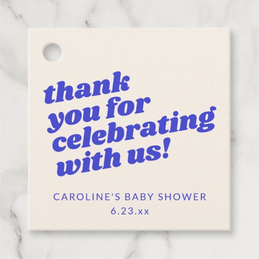 Custom Modern Blue Retro Baby Shower Thank You フェイバータグ (正面)