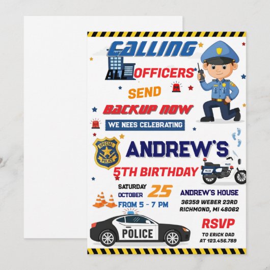 Custom Modern Cop Police Officer Birthday party 招待状 (正面/裏面)