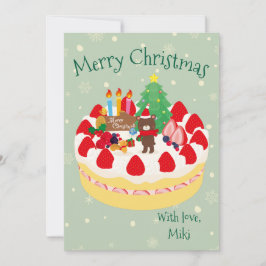  Custom Modern Cute Christmas Cake Bear Moss Green シーズンカード