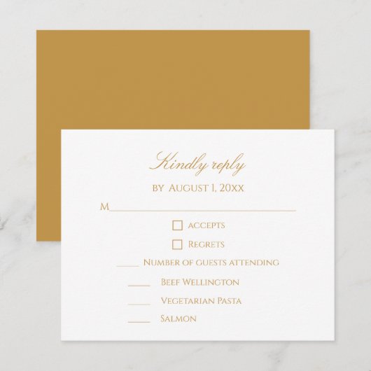 Custom Modern Elegant Script Gold & White Wedding 出欠カード (正面/裏面)