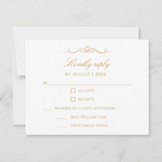 Custom Modern Elegant Script Gold & White Wedding 出欠カード (正面)