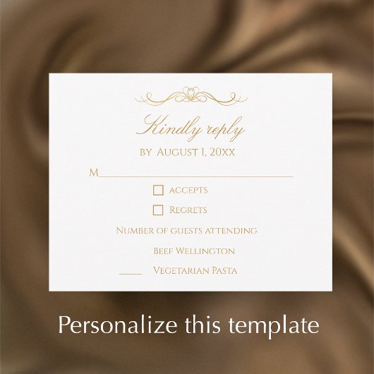Custom Modern Elegant Script Gold & White Wedding 出欠カード