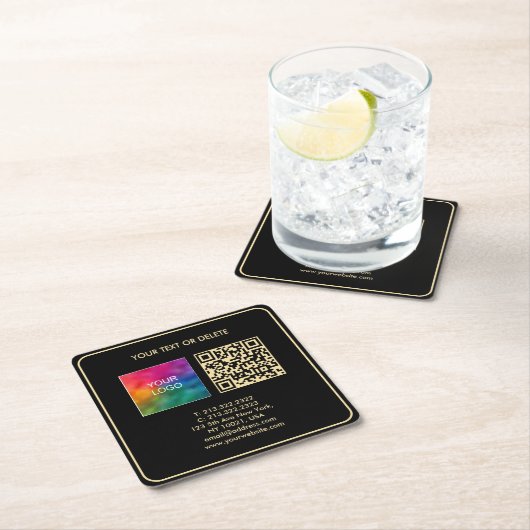 Custom Modern Elegant Template Black Gold QR Code スクエアペーパーコースター (インサイチュ)