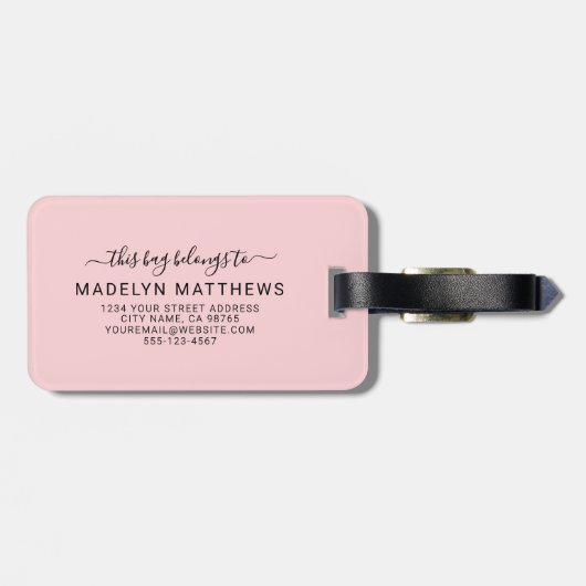 Custom Modern Girly Blush Pink Monogram Name ラゲッジタグ (裏面横)