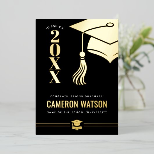 Custom Modern Hat and Tassel Graduation Foil Card 箔シーズンカード (立ち正面)