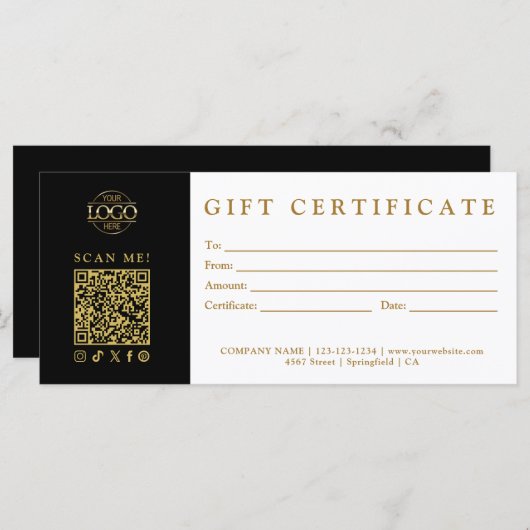 Custom Modern Minimalist Business Gift Certificate (正面/裏面)