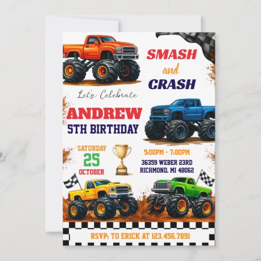 Custom Modern Monster Truck Kids Party Birthday 招待状 (正面)