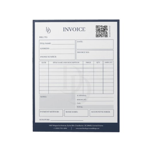 Custom Modern Navy Wedding Planner Invoice Billing ノートパッド (回転)