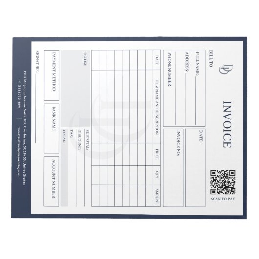 Custom Modern Navy Wedding Planner Invoice Billing ノートパッド (正面)