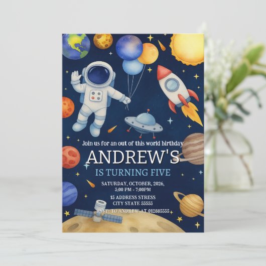 Custom Modern Outer Space Astronaut Birthday 招待状 (スタンド正面)