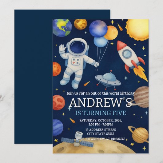 Custom Modern Outer Space Astronaut Birthday 招待状 (正面/裏面)