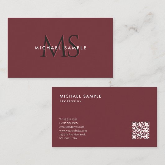 Custom Modern QR Code Monogram Elegant Wine Color 名刺 (正面/裏面)