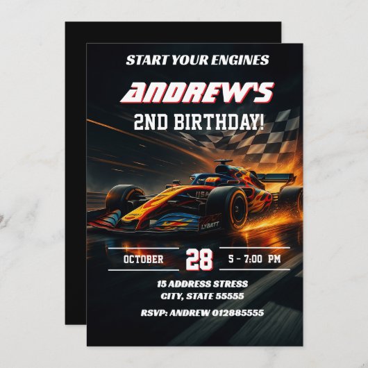 Custom Modern Race Car birthday party 招待状 (正面/裏面)