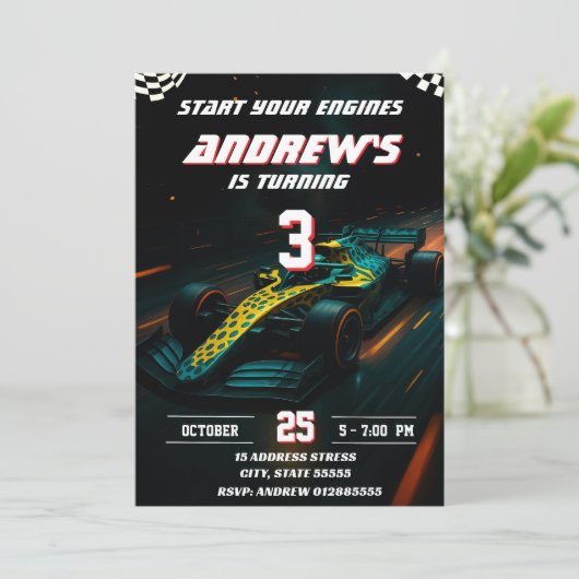 Custom Modern Racing Car birthday party 招待状 (スタンド正面)