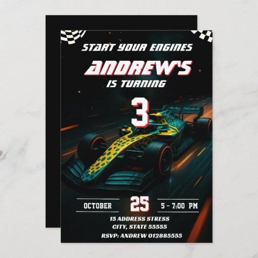 Custom Modern Racing Car birthday party 招待状 (正面/裏面)
