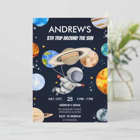 Custom Modern Rocket Ship Outer Space Birthday 招待状 (スタンド正面)