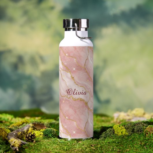 Custom Modern Rose Quartz Marble Gold ウォーターボトル (アウトドア (回転後))