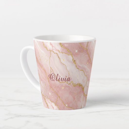 Custom Modern Rose Quartz Marble Gold Glitter カフェラテマグ (左アングル)