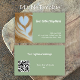 Custom Modern Sage Green Coffee Shop Photo QR Code 名刺