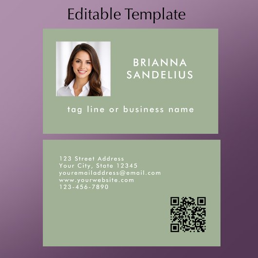Custom Modern Sage Green QR Code Photo Template 名刺