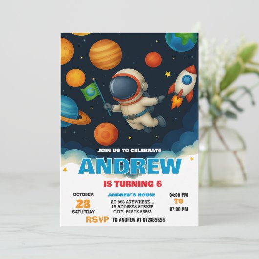 Custom Modern Space Astronaut Birthday 招待状 (スタンド正面)