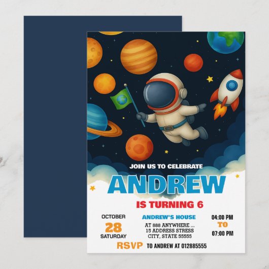 Custom Modern Space Astronaut Birthday 招待状 (正面/裏面)