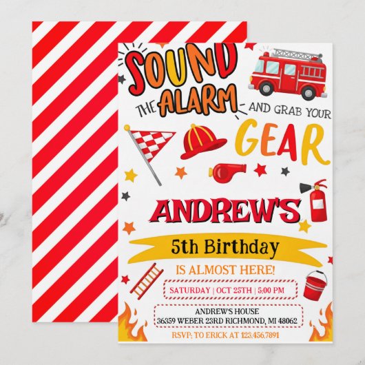 Custom Modren Fireman Birthday party 招待状 (正面/裏面)