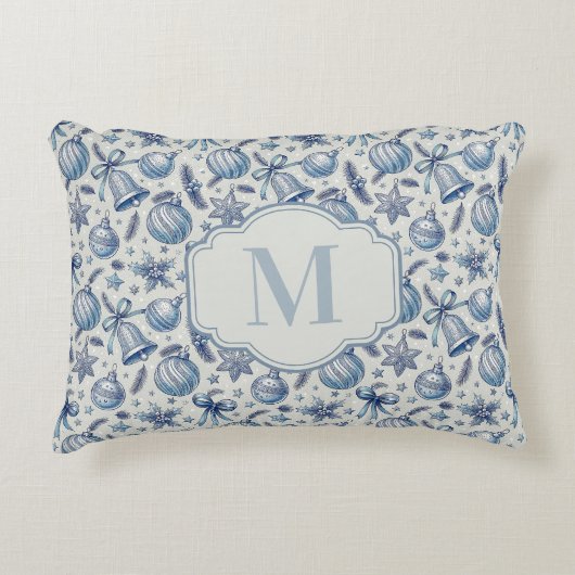 Custom Monogram Blue Toile Christmas Ornaments  アクセントクッション (正面)