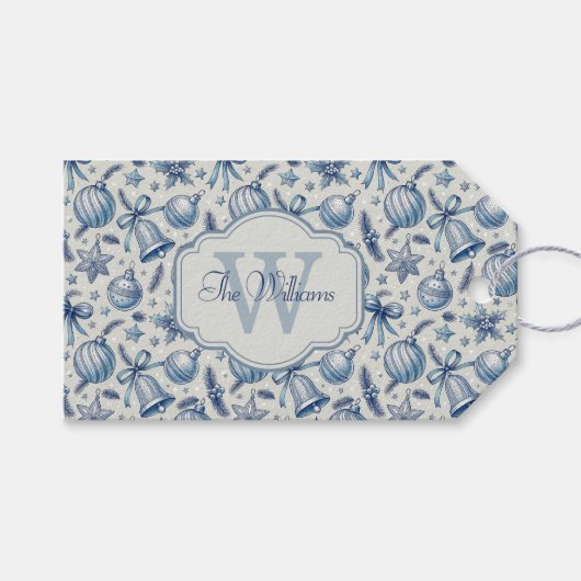 Custom Monogram Blue Toile Christmas Ornaments  ギフトタグ (正面(横))