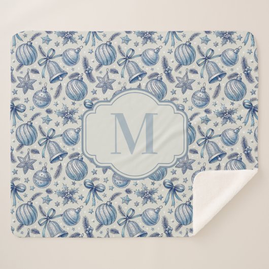 Custom Monogram Blue Toile Christmas Ornaments  シェルパブランケット (正面(横))