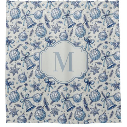Custom Monogram Blue Toile Christmas Ornaments シャワーカーテン (正面)