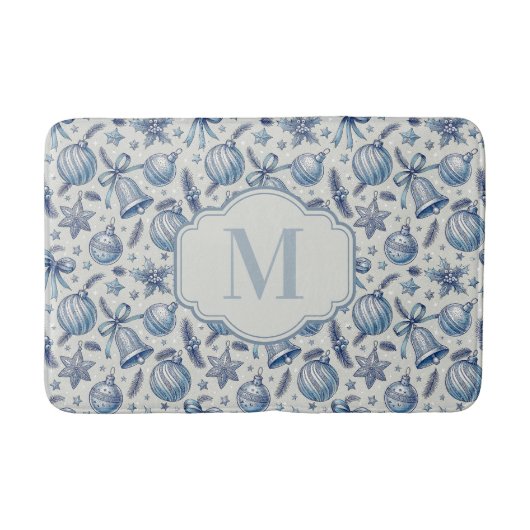 Custom Monogram Blue Toile Christmas Ornaments  バスマット (正面)