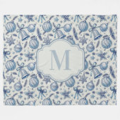 Custom Monogram Blue Toile Christmas Ornaments  フリースブランケット (正面(横))